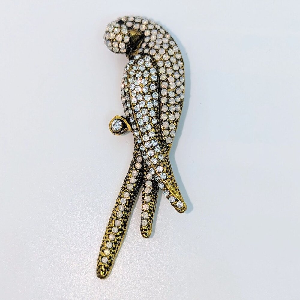 Antique-Style Gold Parrot Brooch With Rhinestone Accents & Pin Back